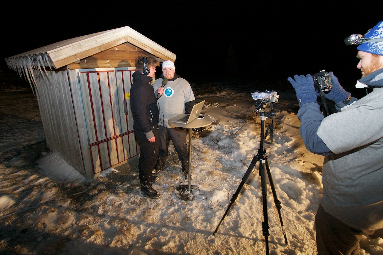 Ole Martin Sterud interviews Michael Andre Haldorsen Torød about the technical setup and the status of the project. Marius Haugen (right) documents it all on video with a DSLR.
