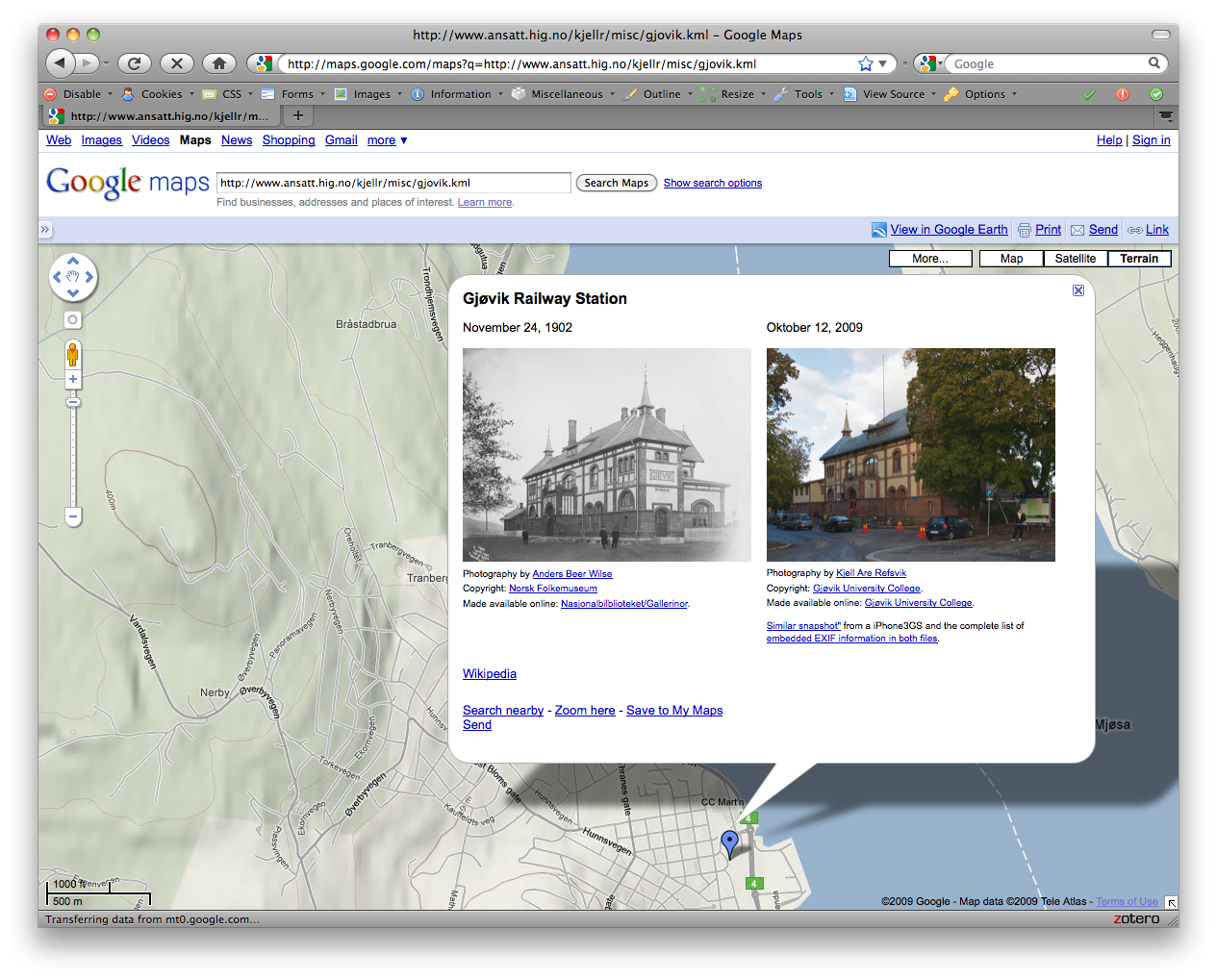 Screenshot of browser showing geolocalised information using KML